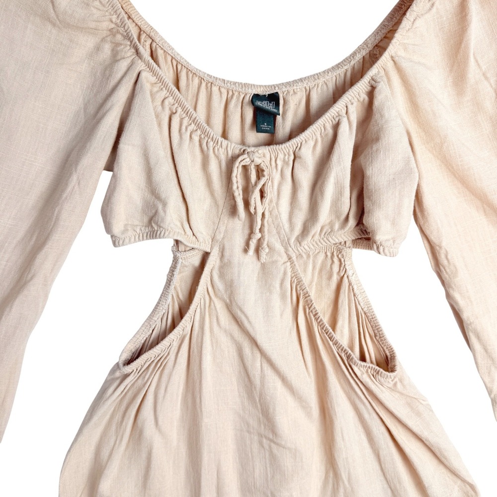 Wild Fable Tan Linen Blend Cut Out Mini Dress Long Sleeve Boho Small - Picture 3 of 10